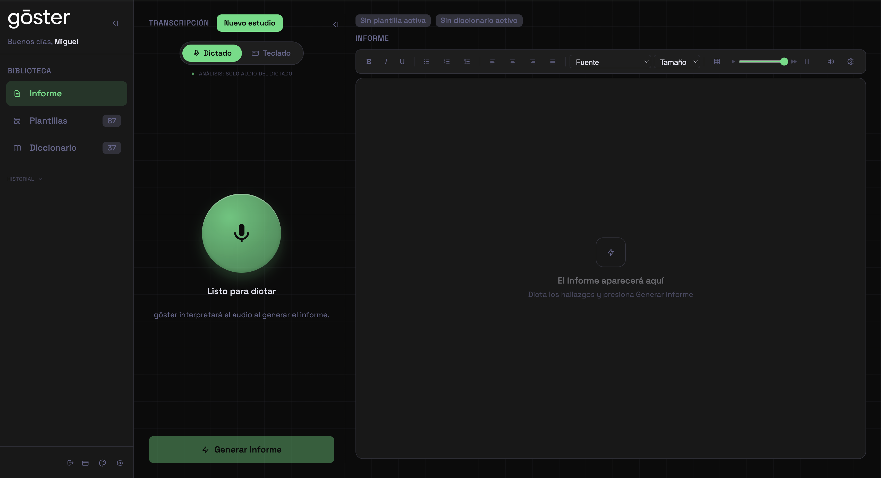 Interfaz de gōster: listo para dictar con botón de micrófono.