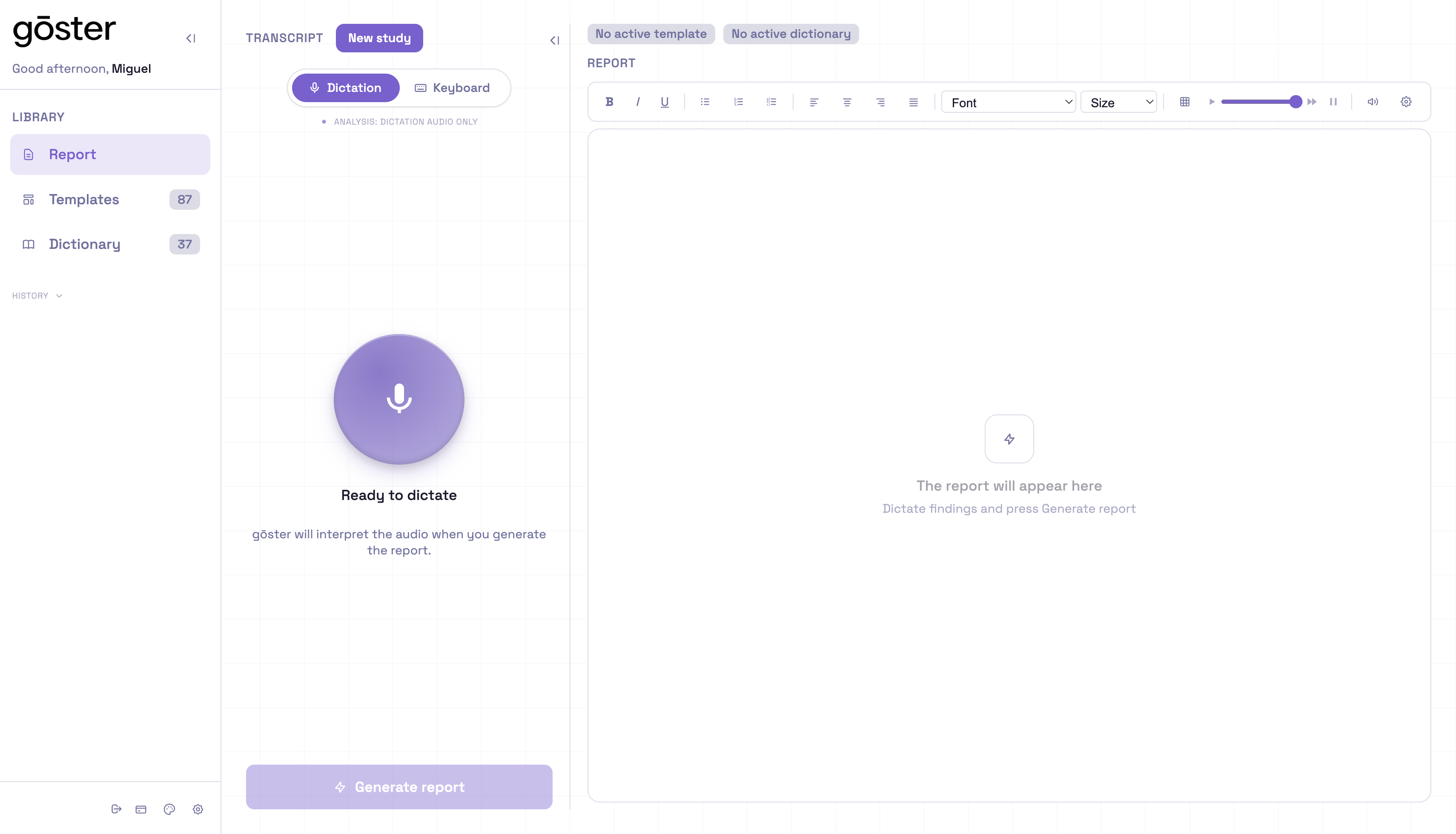gōster interface: ready to dictate with microphone button.
